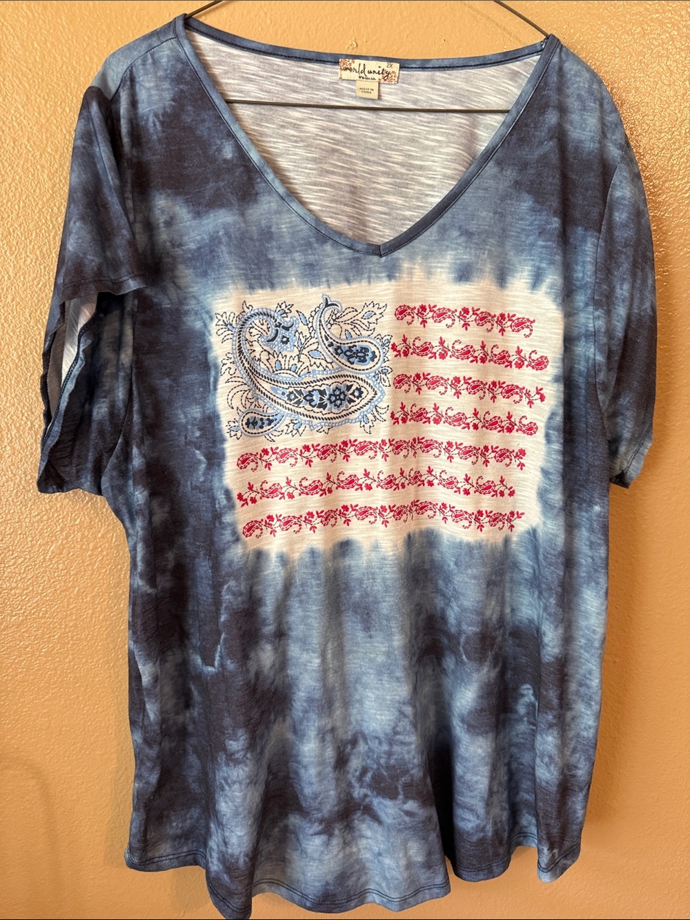 Tie-Dye V-Neck Tee with Paisley Flag Detail - Blue